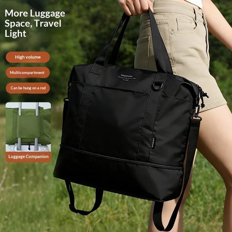 Collapsible Travel Tote Bag Lightweight Nylon Expandable Luggage Handbag with Shoulder Strap - Forest Green