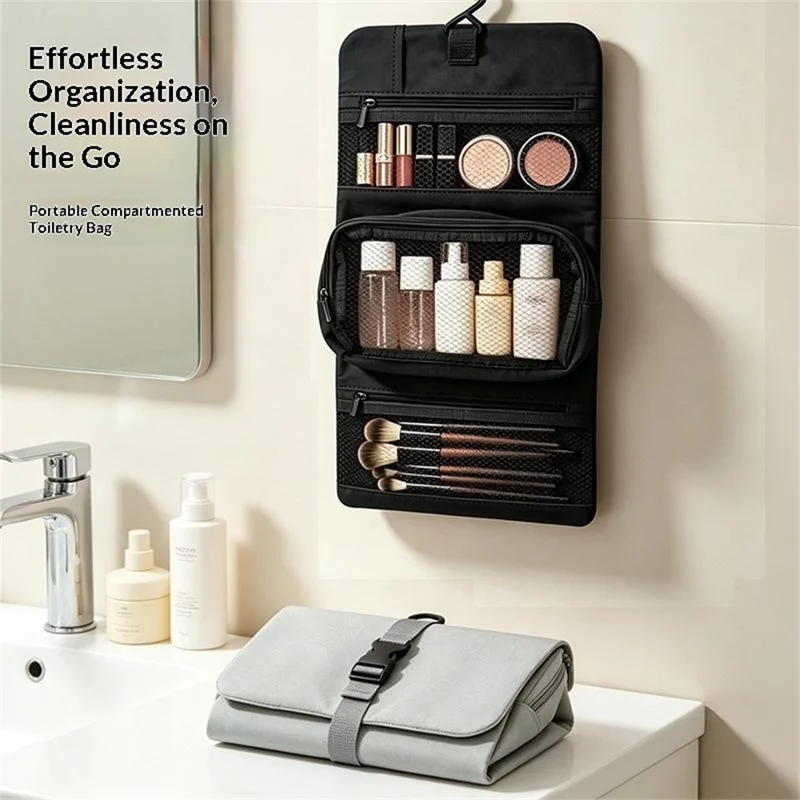Hanging Makeup Toiletry Bag Large Capacity Detachable Travel Cosmetic Organizer - Black