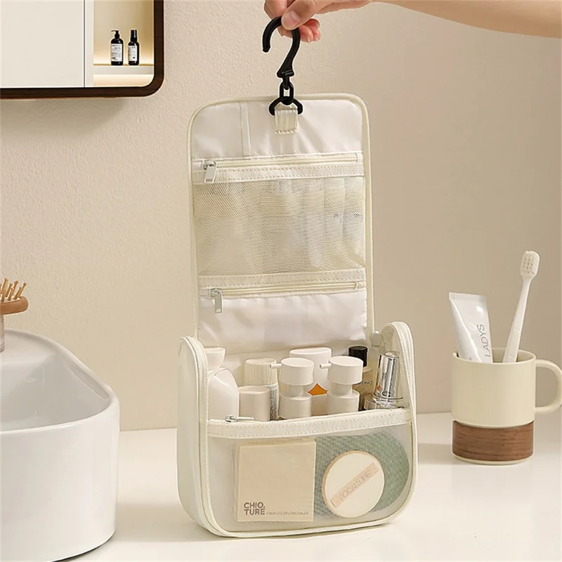 Hanging Toiletry Bag Taslon Fabric Cosmetic Storage Pouch for Travel - Beige