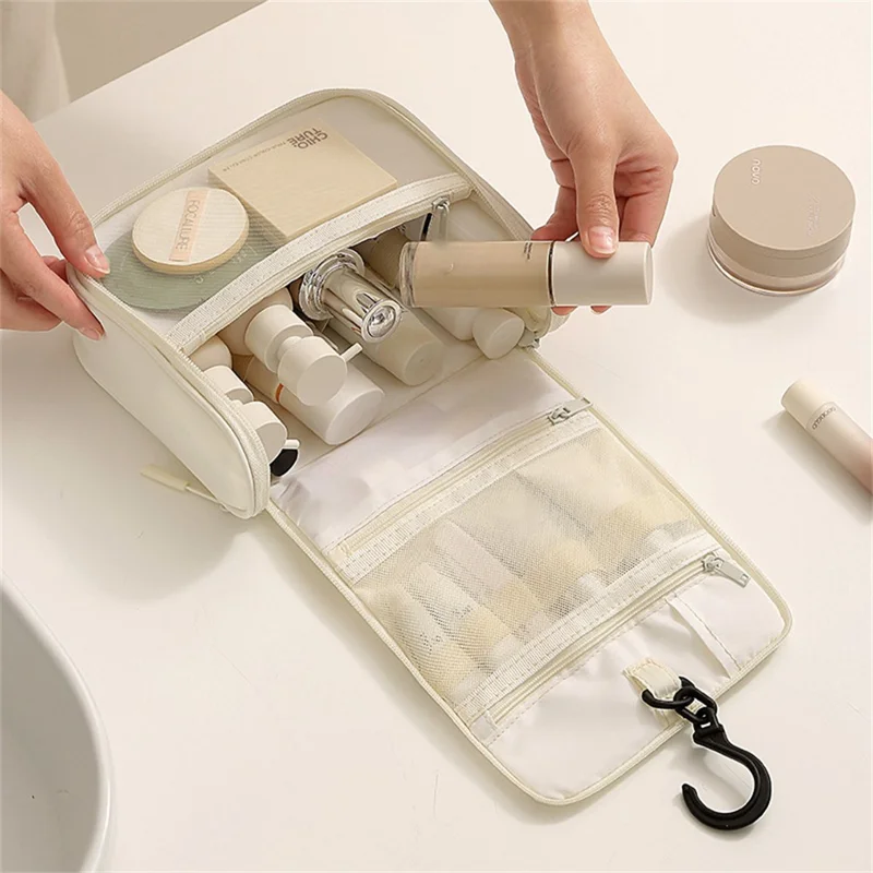 Hanging Toiletry Bag Taslon Fabric Cosmetic Storage Pouch for Travel - Beige