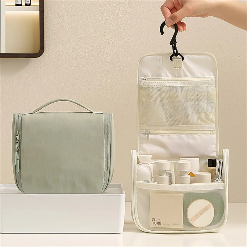 Hanging Toiletry Bag Taslon Fabric Cosmetic Storage Pouch for Travel - Beige