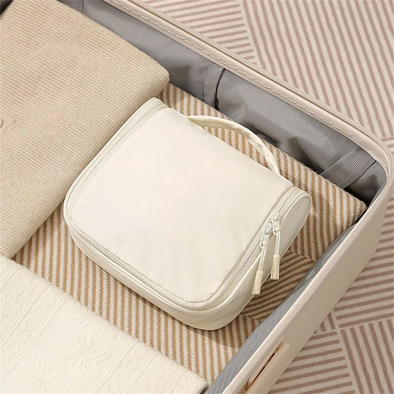 Hanging Toiletry Bag Taslon Fabric Cosmetic Storage Pouch for Travel - Beige