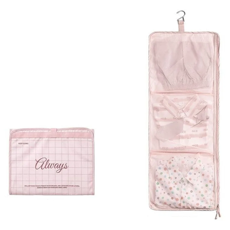 3 Compartments Travel Organizer Bag Foldable Hanging Storage Bag - Pink