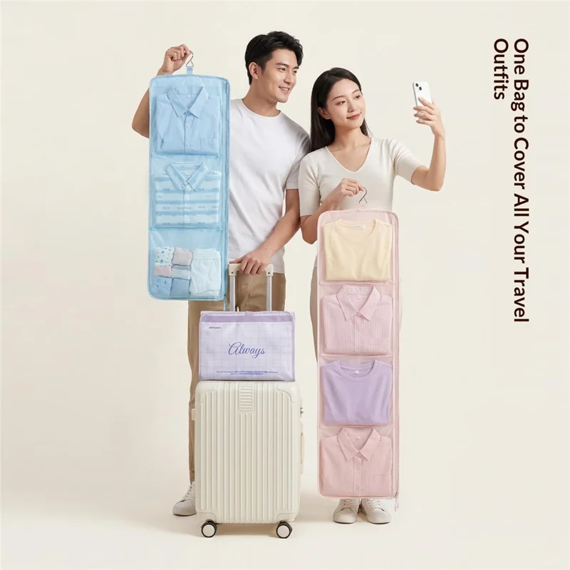 3 Compartments Travel Organizer Bag Foldable Hanging Storage Bag - Pink
