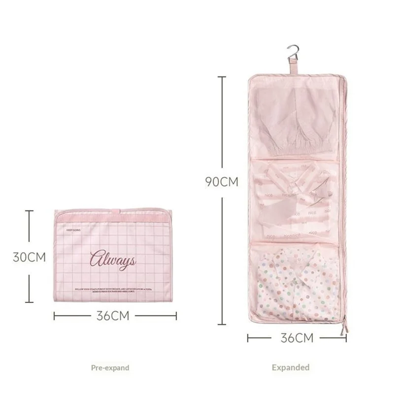 3 Compartments Travel Organizer Bag Foldable Hanging Storage Bag - Pink