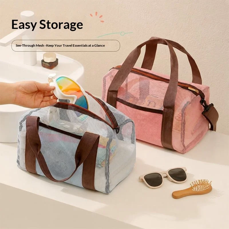 Beach Bag Large Capacity See-Through Mesh Quick-Dry Crossbody Bag for Travel - Pink