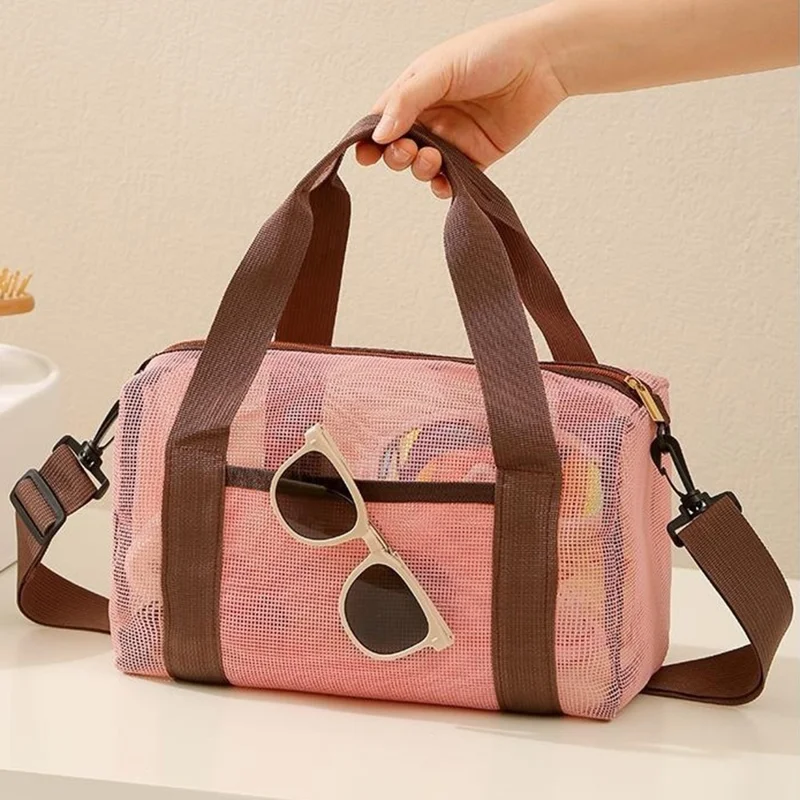 Beach Bag Large Capacity See-Through Mesh Quick-Dry Crossbody Bag for Travel - Pink
