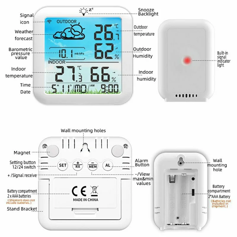 TS-8085 Wireless Weather Station Color Screen Indoor Outdoor Temperature Humidity Clock - White