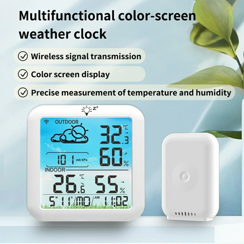 TS-8085 Wireless Weather Station Color Screen Indoor Outdoor Temperature Humidity Clock - White
