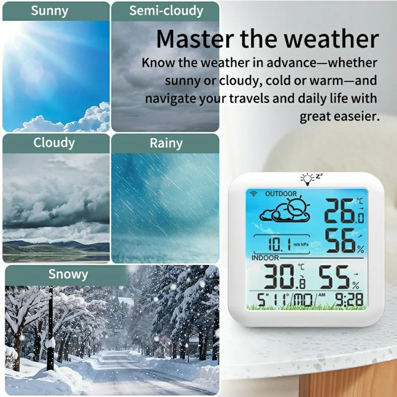 TS-8085 Wireless Weather Station Color Screen Indoor Outdoor Temperature Humidity Clock - White