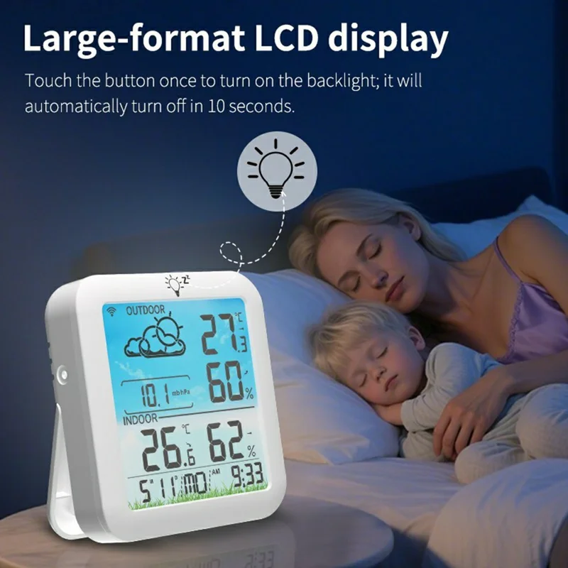 TS-8085 Wireless Weather Station Color Screen Indoor Outdoor Temperature Humidity Clock - White