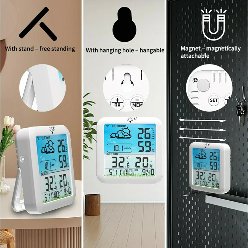 TS-8085 Wireless Weather Station Color Screen Indoor Outdoor Temperature Humidity Clock - White