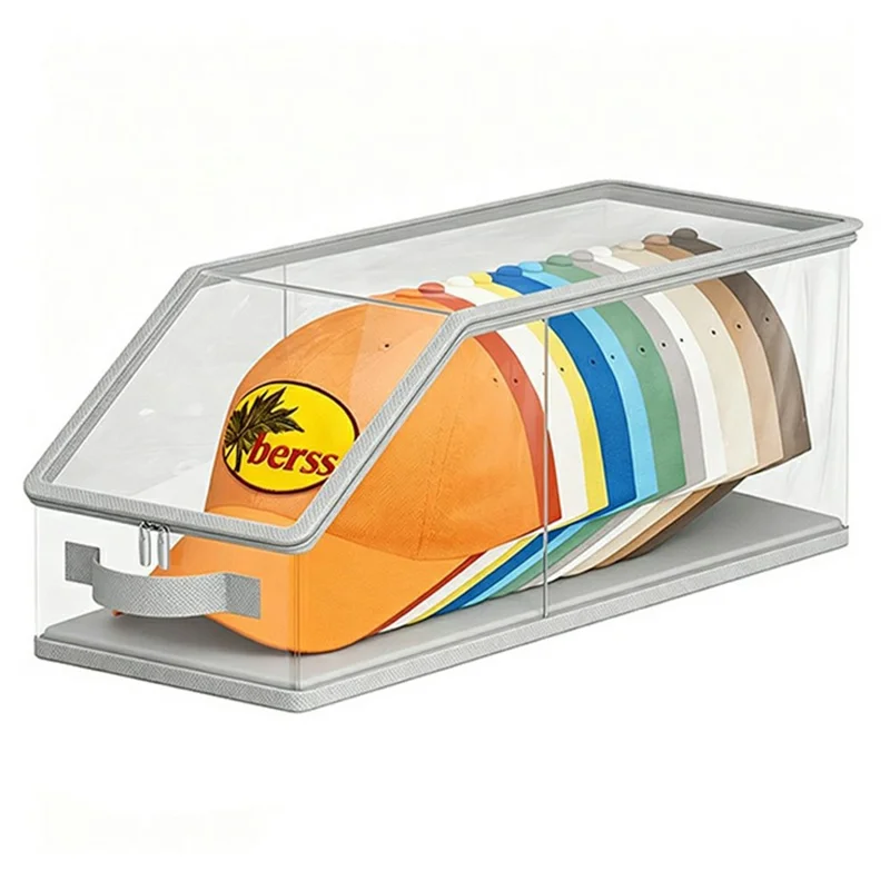 Clear Visible Stackable Large Capacity Hat Storage Box with Handle for Cap Organization, Holds Up to 24 Hats - Transparent Grey