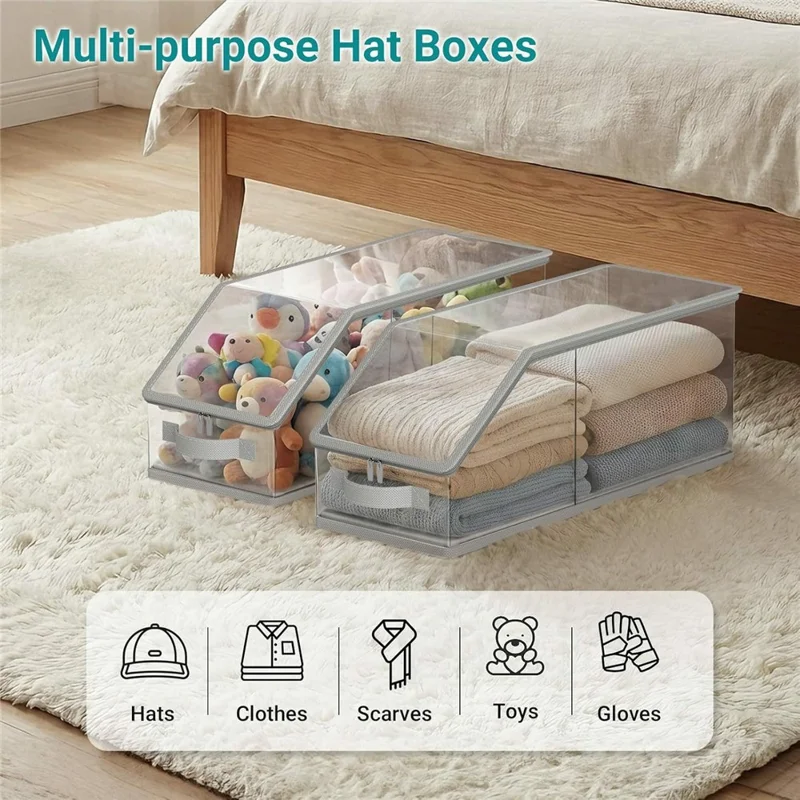 Clear Visible Stackable Large Capacity Hat Storage Box with Handle for Cap Organization, Holds Up to 24 Hats - Transparent Grey