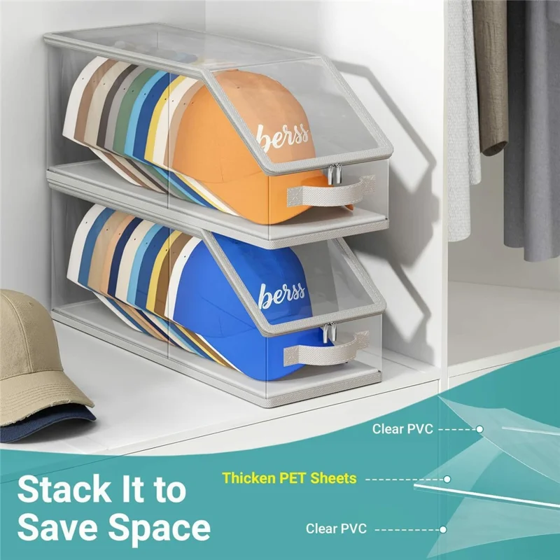 Clear Visible Stackable Large Capacity Hat Storage Box with Handle for Cap Organization, Holds Up to 24 Hats - Transparent Grey