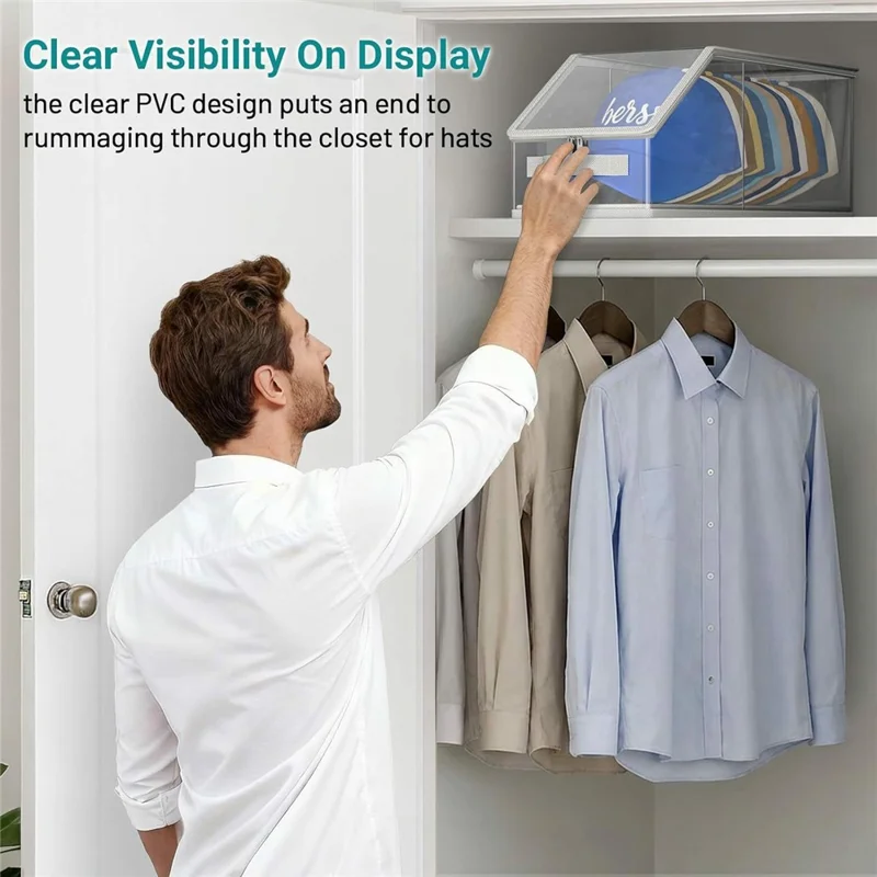 Clear Visible Stackable Large Capacity Hat Storage Box with Handle for Cap Organization, Holds Up to 24 Hats - Transparent Grey