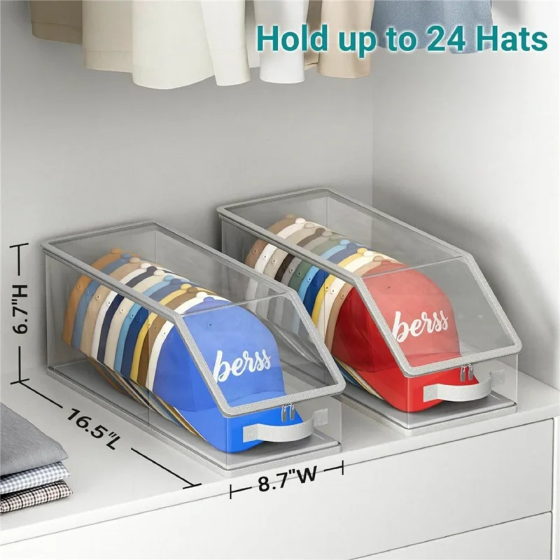 Clear Visible Stackable Large Capacity Hat Storage Box with Handle for Cap Organization, Holds Up to 24 Hats - Transparent Grey