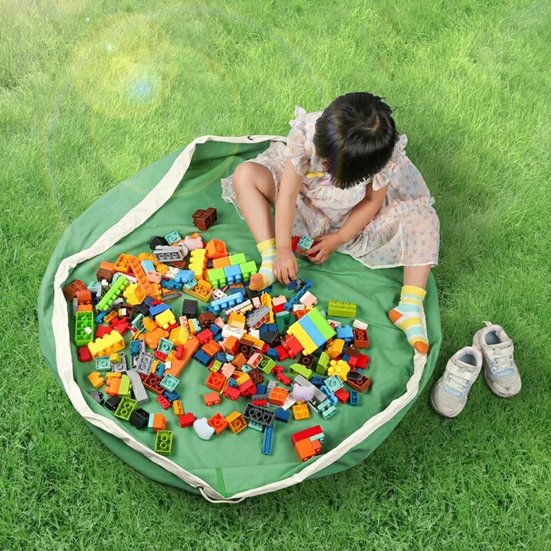 Size S 56 x 15.5cm Drawstring Toy Storage Bag Play Mat Cotton Canvas Kids Building Block Organizer - Green