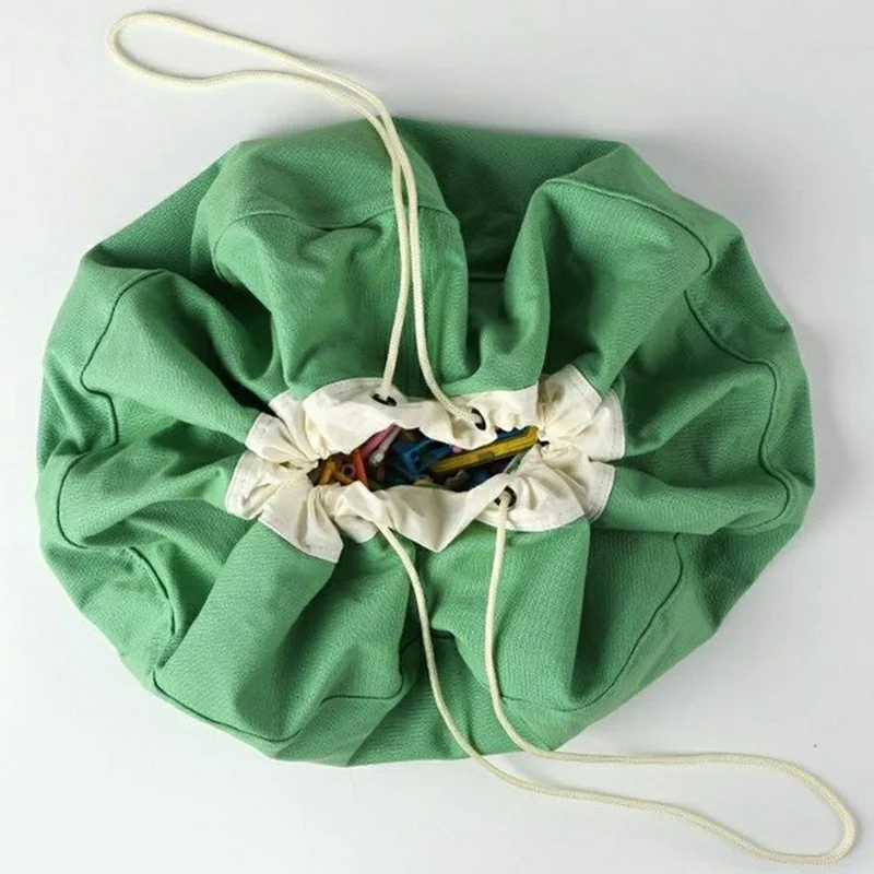 Size S 56 x 15.5cm Drawstring Toy Storage Bag Play Mat Cotton Canvas Kids Building Block Organizer - Green
