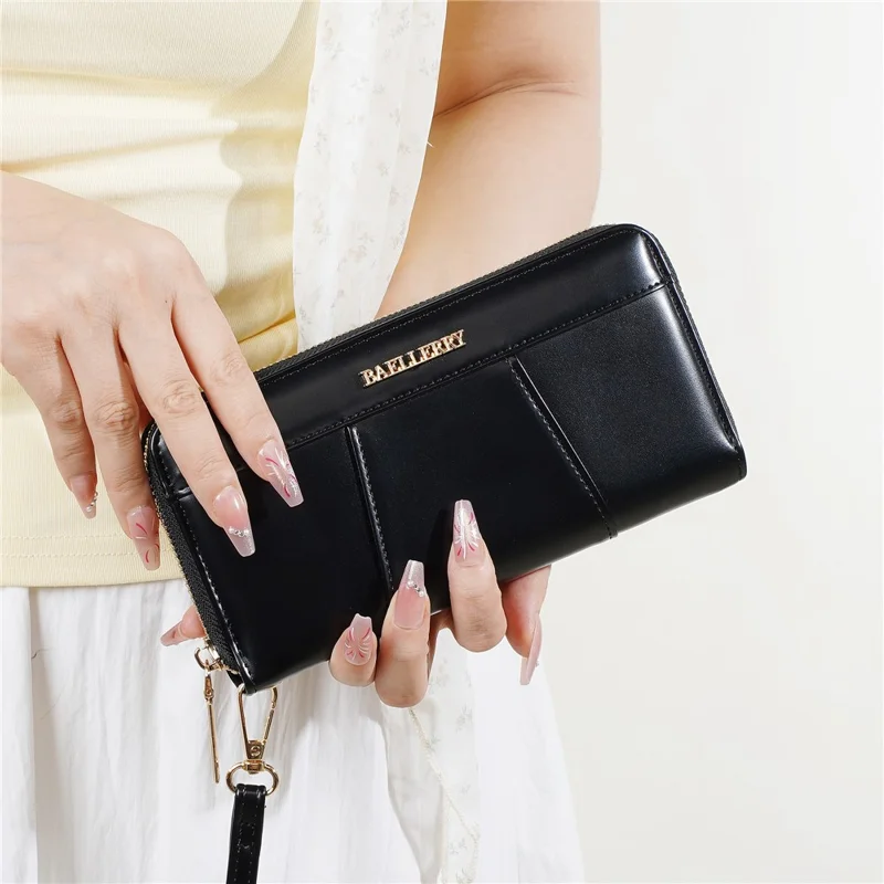 BAELLERRY C7110 Long Clutch Wallet PU Leather Detachable Wrist Strap Multi-Compartment Zipper Coin Purse - Black
