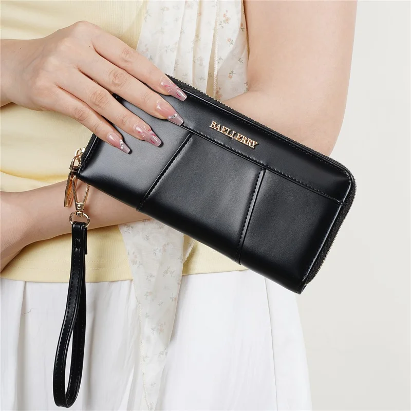 BAELLERRY C7110 Long Clutch Wallet PU Leather Detachable Wrist Strap Multi-Compartment Zipper Coin Purse - Black