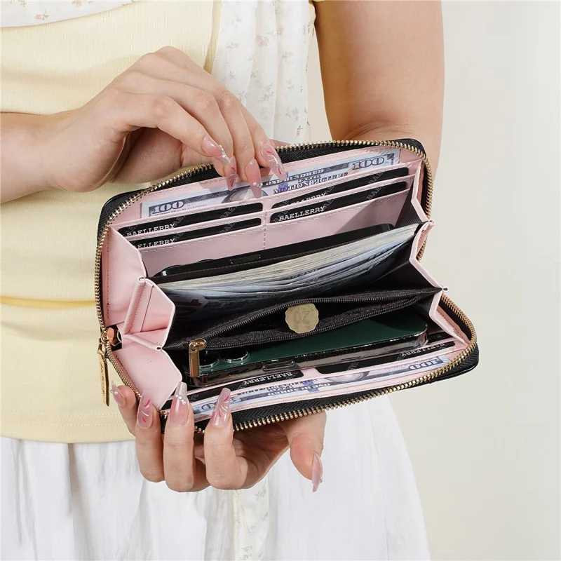 BAELLERRY C7110 Long Clutch Wallet PU Leather Detachable Wrist Strap Multi-Compartment Zipper Coin Purse - Black