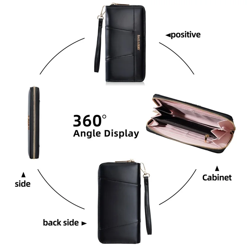 BAELLERRY C7110 Long Clutch Wallet PU Leather Detachable Wrist Strap Multi-Compartment Zipper Coin Purse - Black
