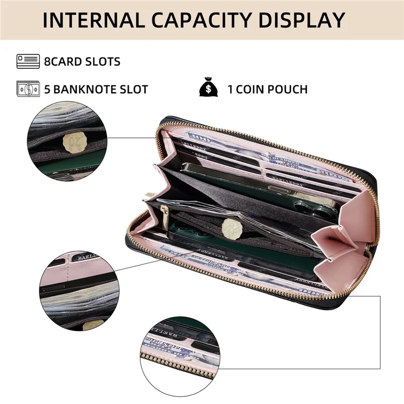 BAELLERRY C7110 Long Clutch Wallet PU Leather Detachable Wrist Strap Multi-Compartment Zipper Coin Purse - Black