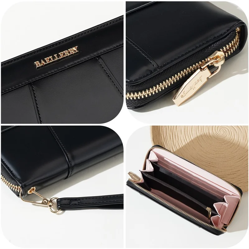 BAELLERRY C7110 Long Clutch Wallet PU Leather Detachable Wrist Strap Multi-Compartment Zipper Coin Purse - Black