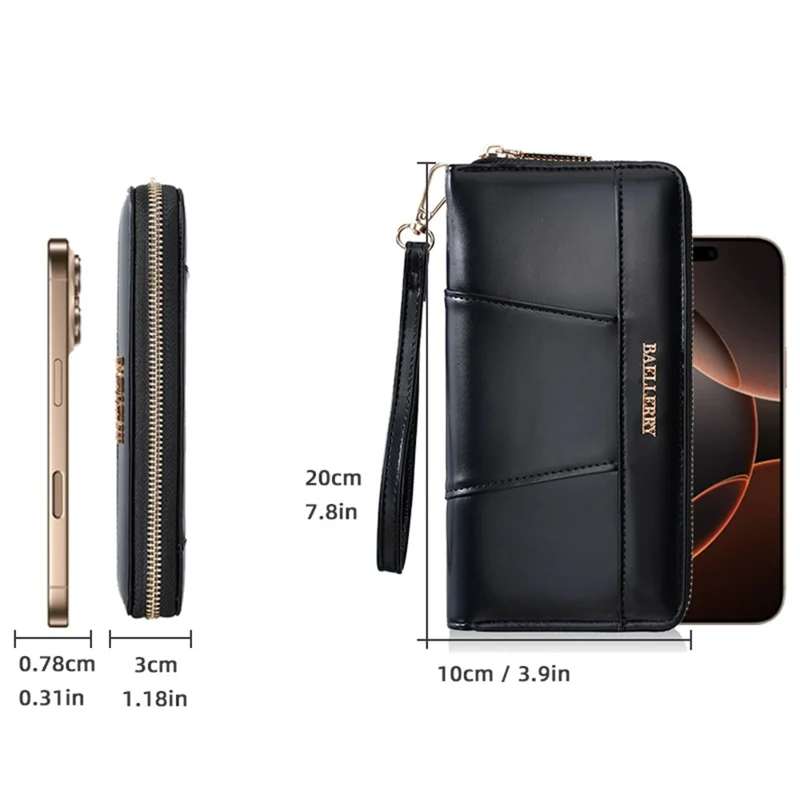 BAELLERRY C7110 Long Clutch Wallet PU Leather Detachable Wrist Strap Multi-Compartment Zipper Coin Purse - Black