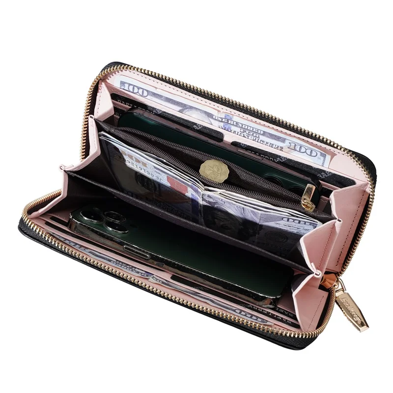 BAELLERRY C7110 Long Clutch Wallet PU Leather Detachable Wrist Strap Multi-Compartment Zipper Coin Purse - Black