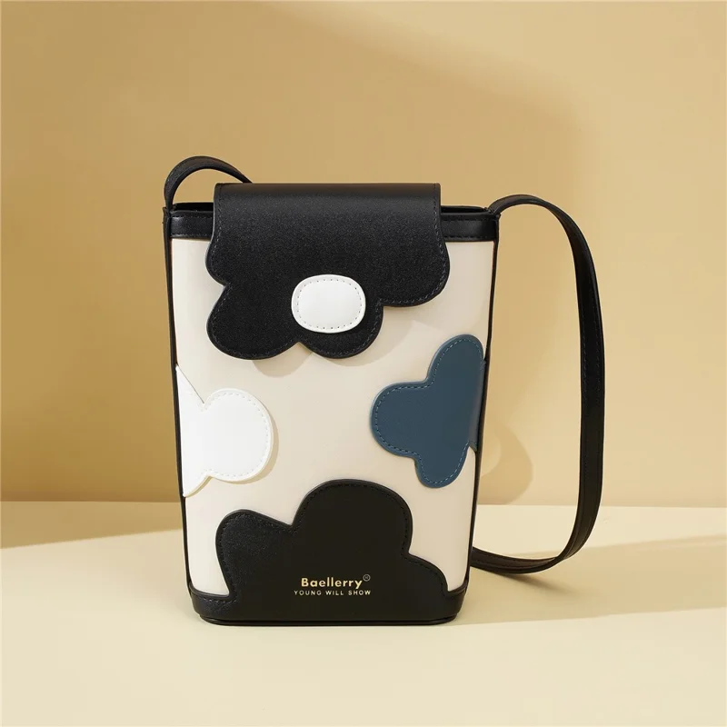 BAELLERRY N3117 Phone Pouch PU Leather Floral Pattern Magnetic Clasp Adjustable Shoulder Strap Crossbody Bag - Black