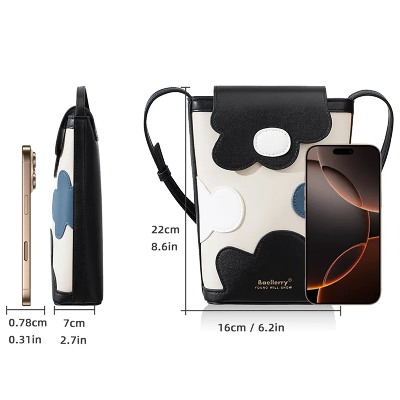 BAELLERRY N3117 Phone Pouch PU Leather Floral Pattern Magnetic Clasp Adjustable Shoulder Strap Crossbody Bag - Black