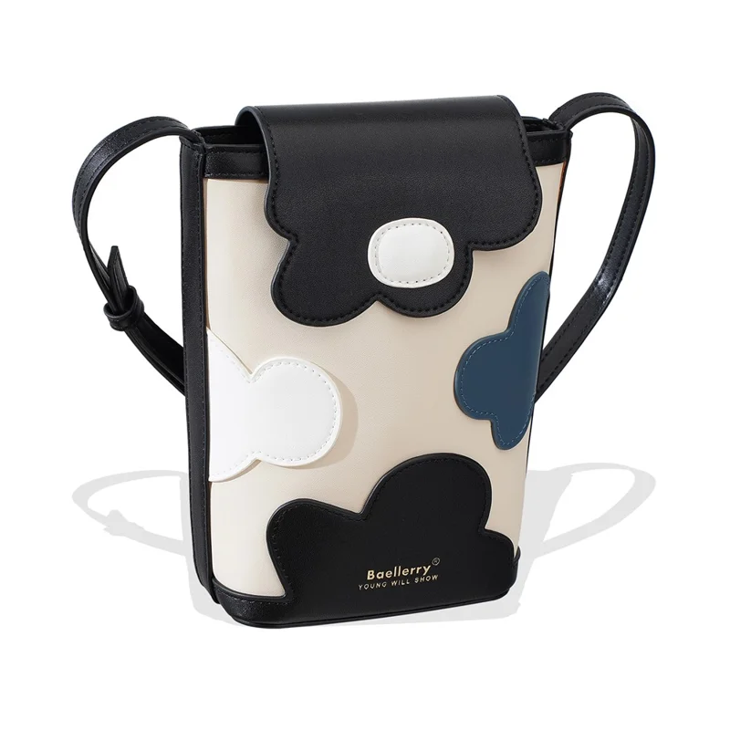 BAELLERRY N3117 Phone Pouch PU Leather Floral Pattern Magnetic Clasp Adjustable Shoulder Strap Crossbody Bag - Black