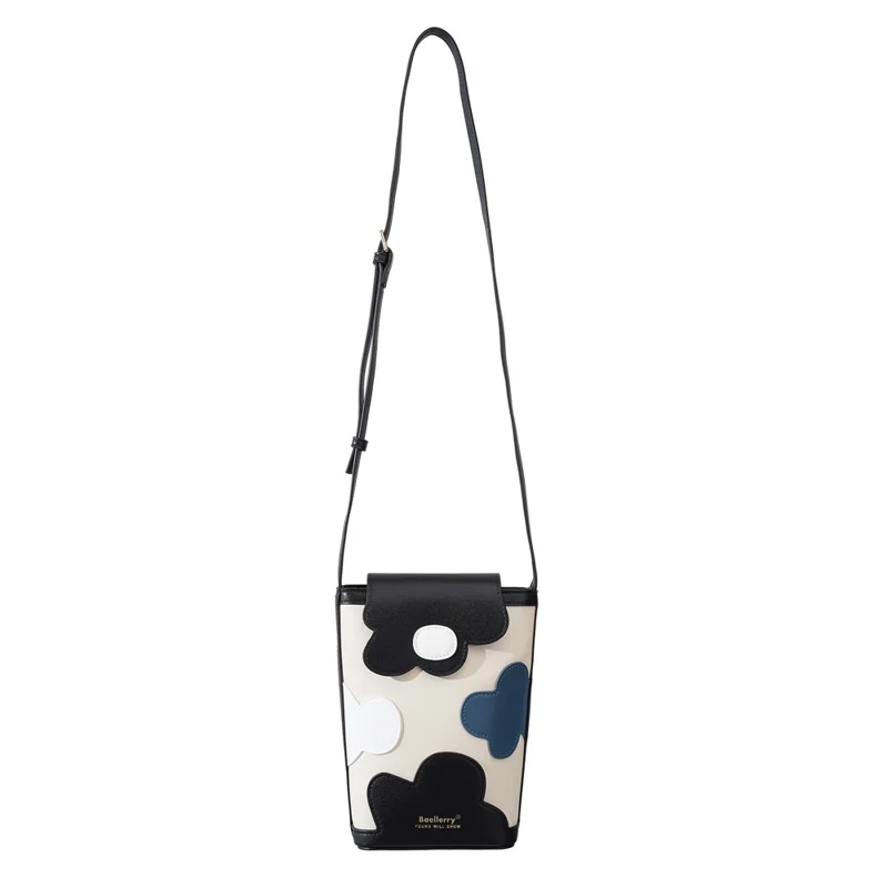 BAELLERRY N3117 Phone Pouch PU Leather Floral Pattern Magnetic Clasp Adjustable Shoulder Strap Crossbody Bag - Black