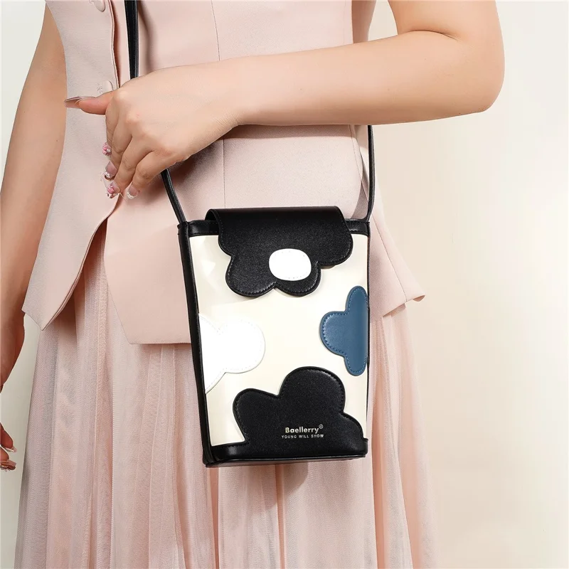 BAELLERRY N3117 Phone Pouch PU Leather Floral Pattern Magnetic Clasp Adjustable Shoulder Strap Crossbody Bag - Black