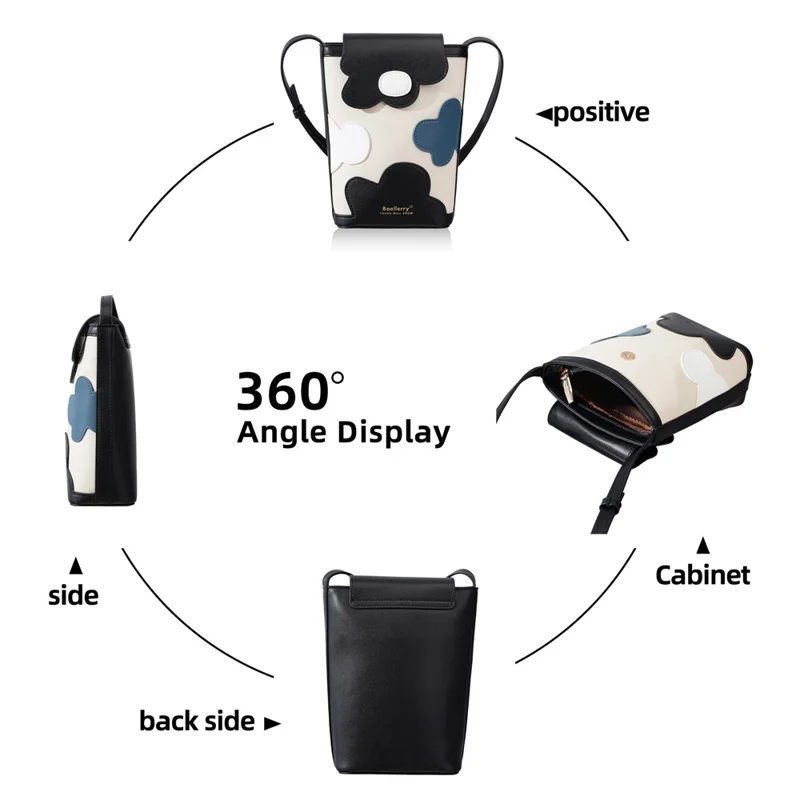 BAELLERRY N3117 Phone Pouch PU Leather Floral Pattern Magnetic Clasp Adjustable Shoulder Strap Crossbody Bag - Black
