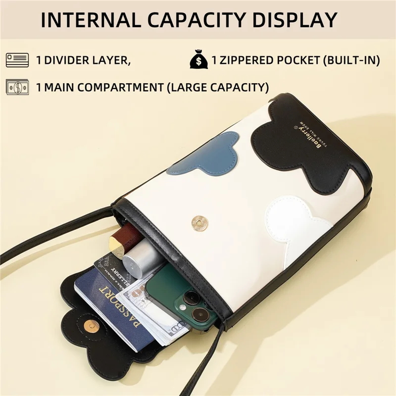 BAELLERRY N3117 Phone Pouch PU Leather Floral Pattern Magnetic Clasp Adjustable Shoulder Strap Crossbody Bag - Black