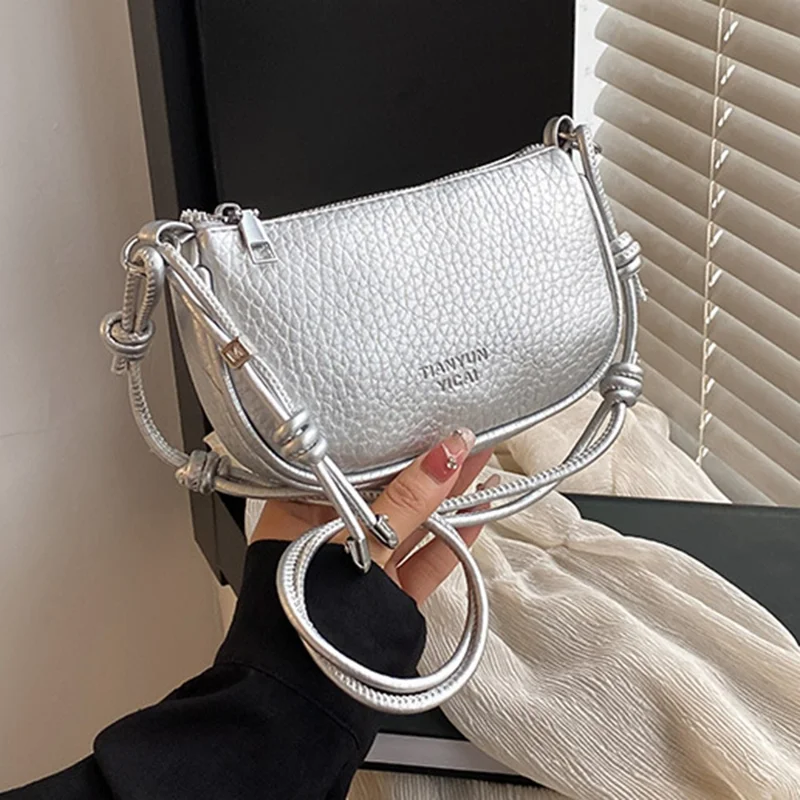 Women Shoulder Bag Litchi Texture PU Leather Crossbody Bag with Adjustable Knot Shoulder Strap - Silver