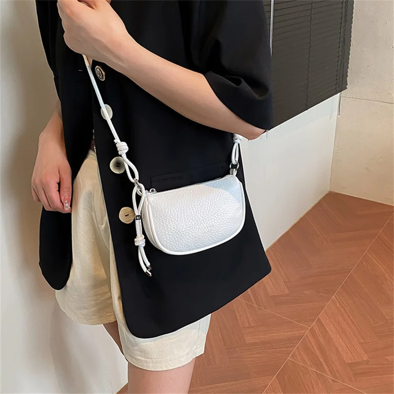 Women Shoulder Bag Litchi Texture PU Leather Crossbody Bag with Adjustable Knot Shoulder Strap - Silver
