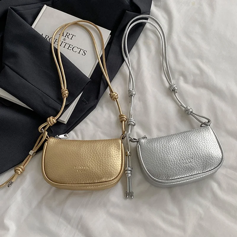 Women Shoulder Bag Litchi Texture PU Leather Crossbody Bag with Adjustable Knot Shoulder Strap - Silver