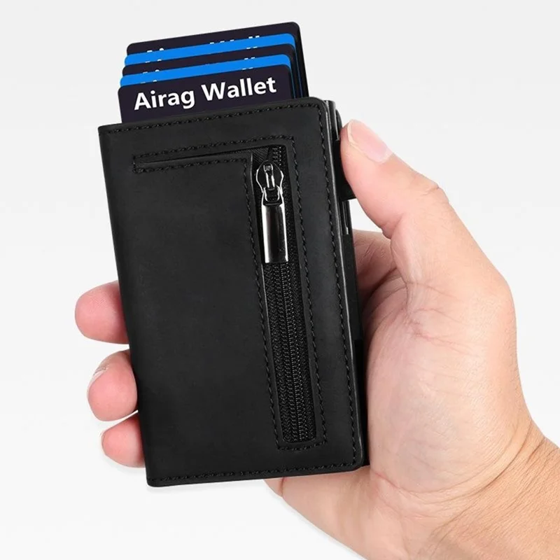 RFID Blocking Aluminum Wallet Quick Release Pop-up Card Holder with Zipper Coin Pocket - Black
