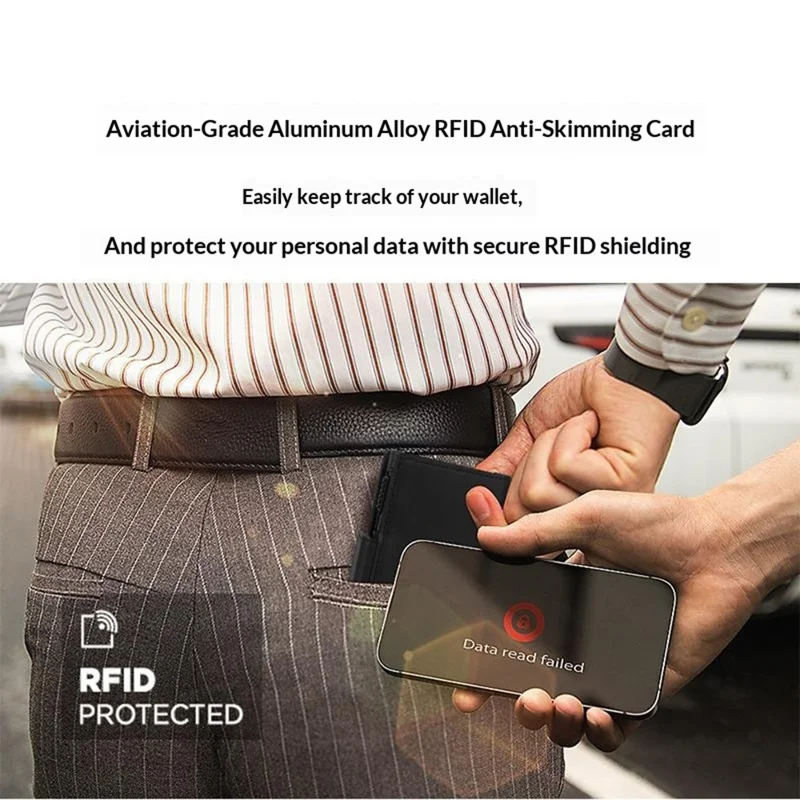 RFID Blocking Aluminum Wallet Quick Release Pop-up Card Holder with Zipper Coin Pocket - Black