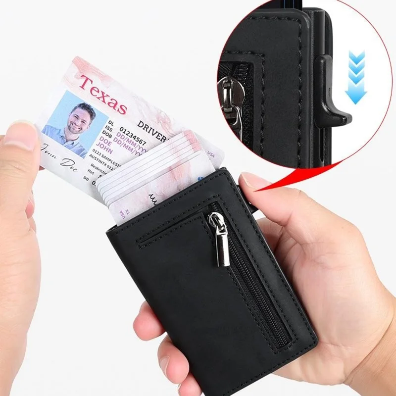 RFID Blocking Aluminum Wallet Quick Release Pop-up Card Holder with Zipper Coin Pocket - Black