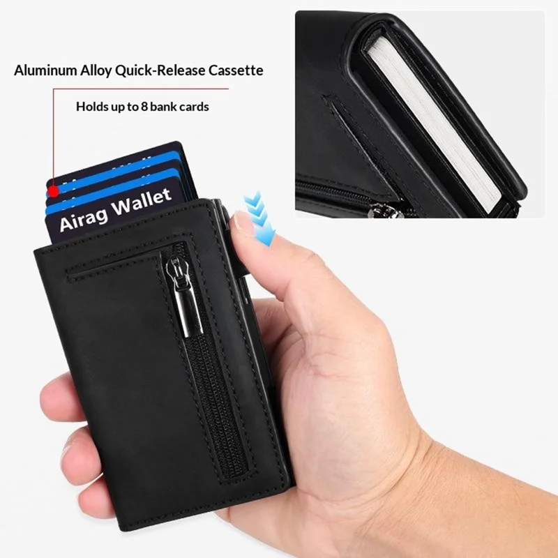 RFID Blocking Aluminum Wallet Quick Release Pop-up Card Holder with Zipper Coin Pocket - Black