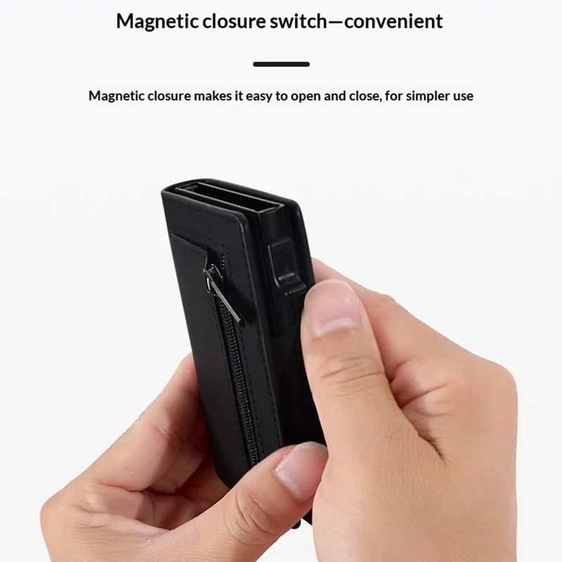 RFID Blocking Aluminum Wallet Quick Release Pop-up Card Holder with Zipper Coin Pocket - Black