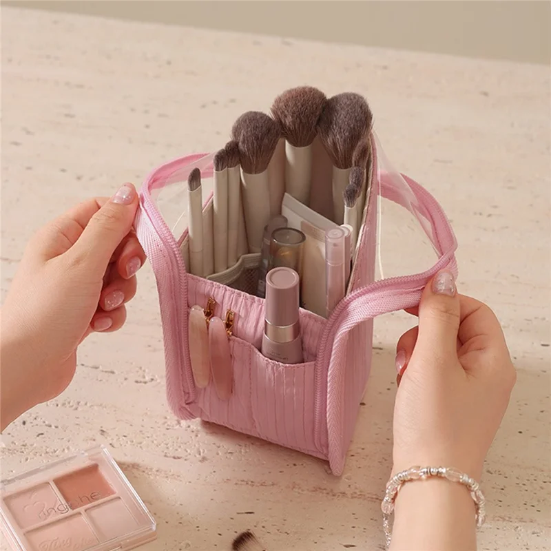 Standing Makeup Bag Semi-Transparent Polyester + PVC Compartments Portable Cosmetic Organizer for Travel - Rose