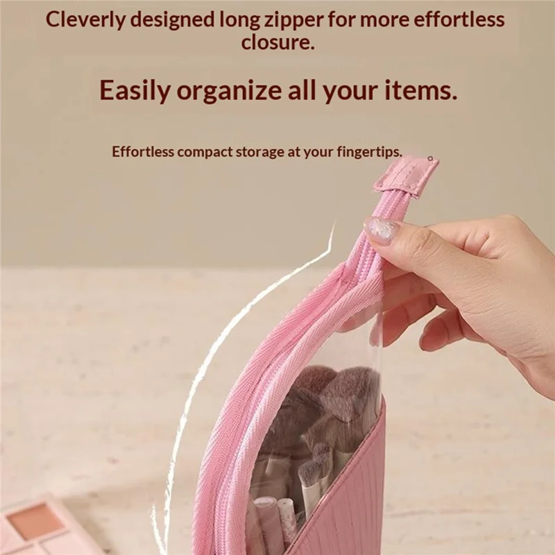 Standing Makeup Bag Semi-Transparent Polyester + PVC Compartments Portable Cosmetic Organizer for Travel - Rose