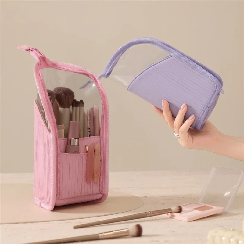 Standing Makeup Bag Semi-Transparent Polyester + PVC Compartments Portable Cosmetic Organizer for Travel - Rose