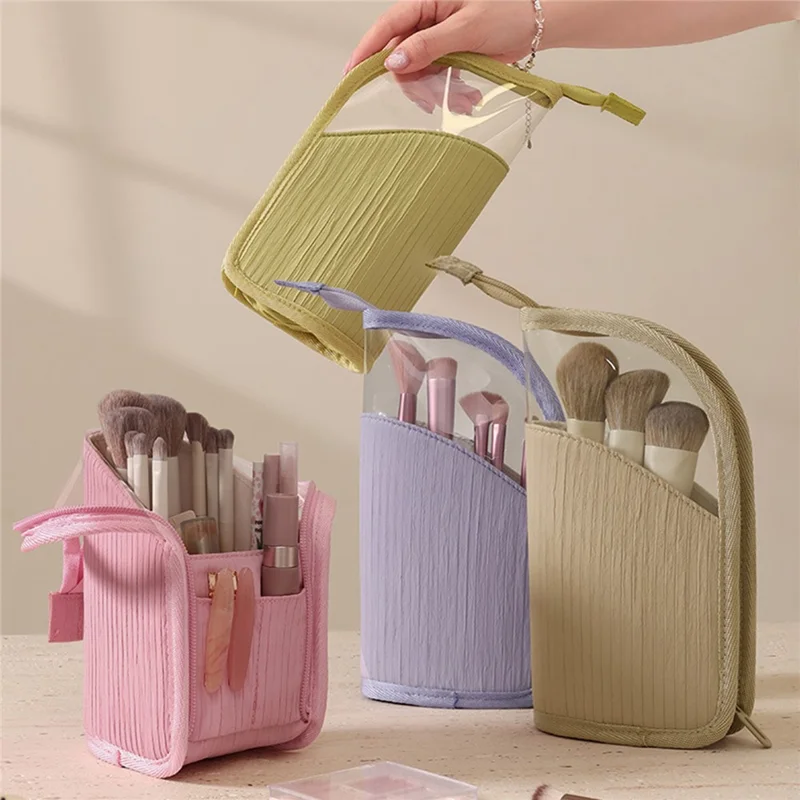Standing Makeup Bag Semi-Transparent Polyester + PVC Compartments Portable Cosmetic Organizer for Travel - Rose